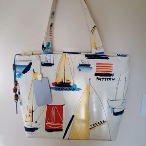 Nautical Sailboat Print Tote Bag in Cream, Yellow & Navy